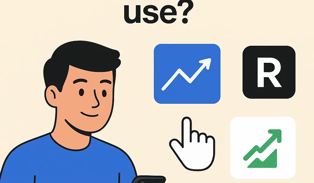 Beginner trader using mobile and laptop with trading tools and platforms icons