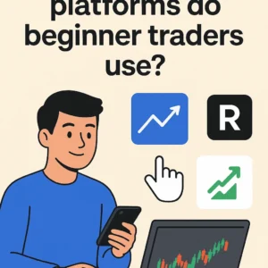 Beginner trader using mobile and laptop with trading tools and platforms icons
