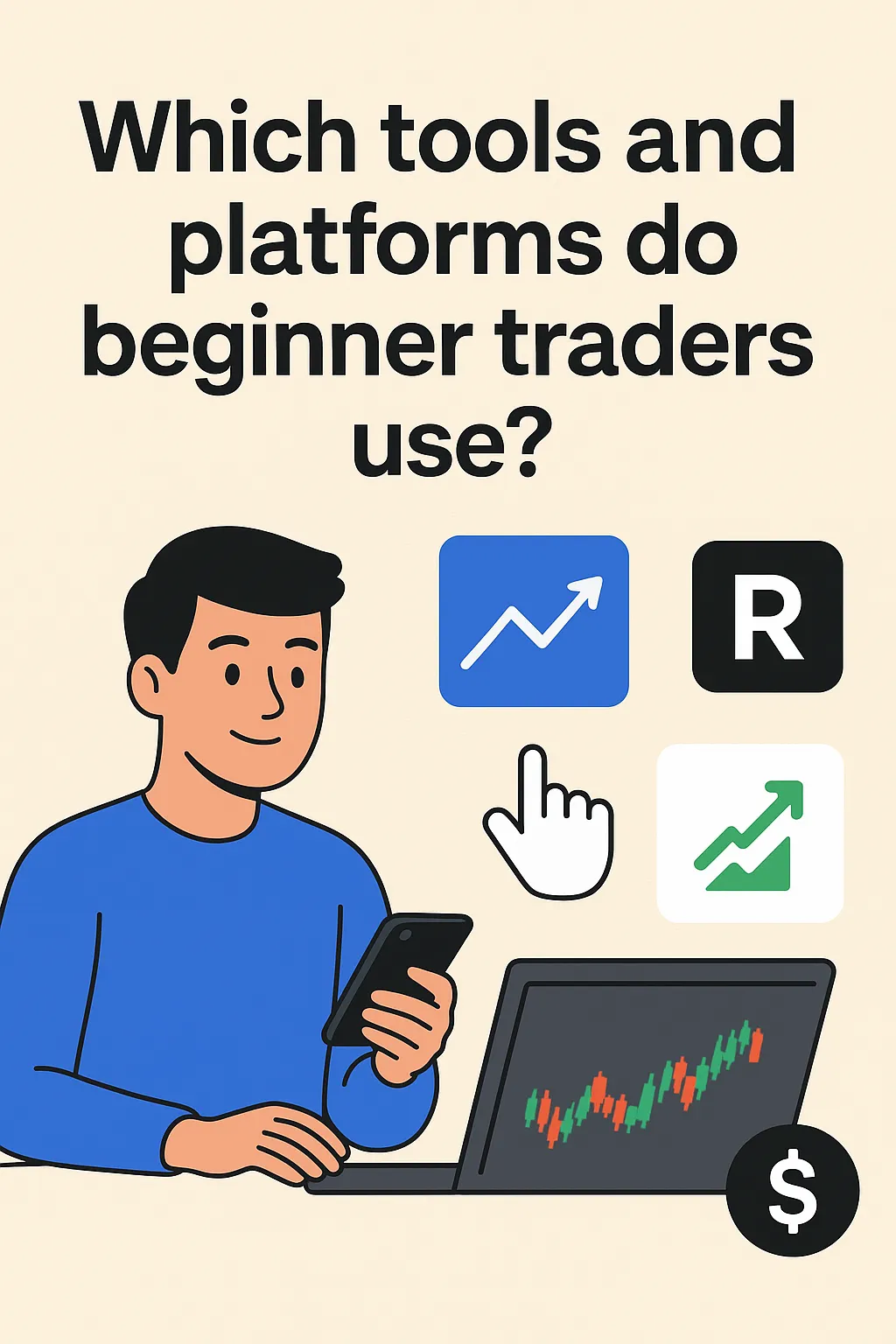 Beginner trader using mobile and laptop with trading tools and platforms icons