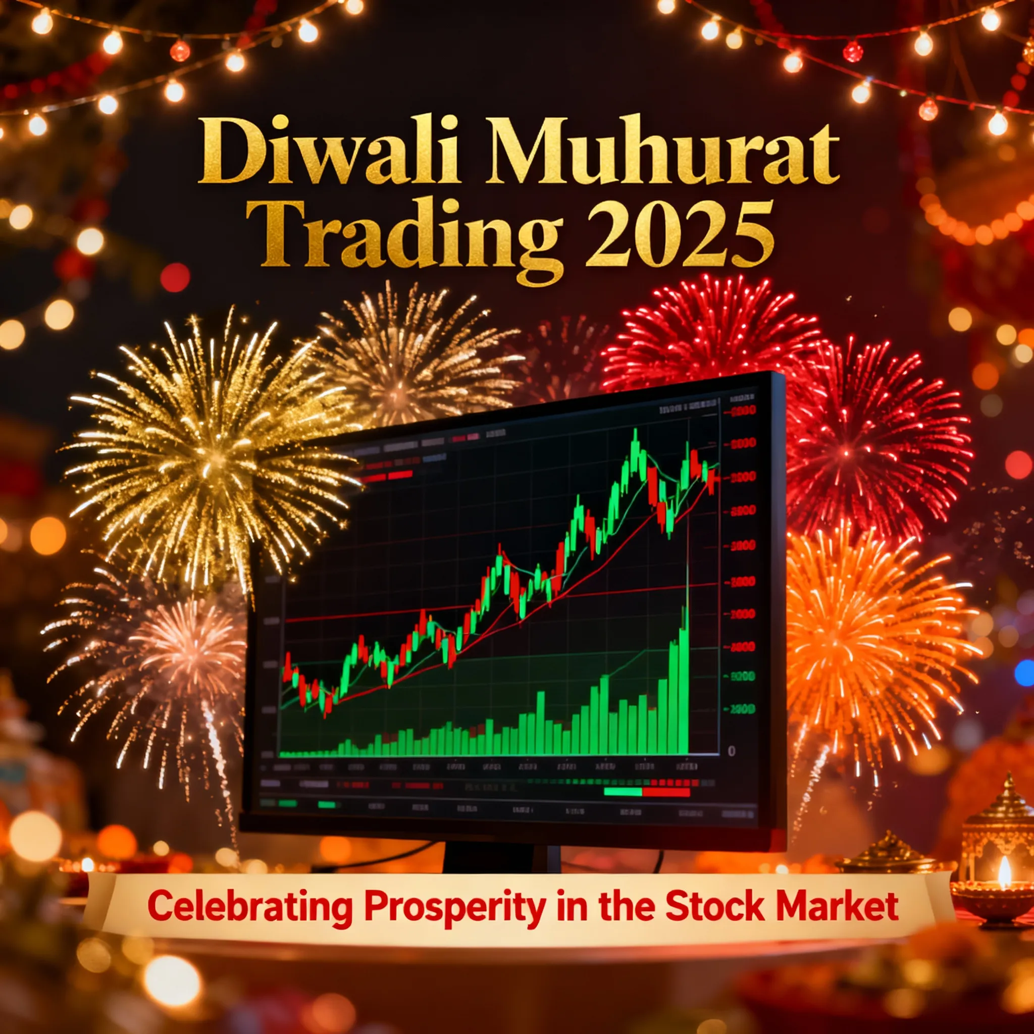 Diwali muhurat trading session 2025 with trading charts and festive lights