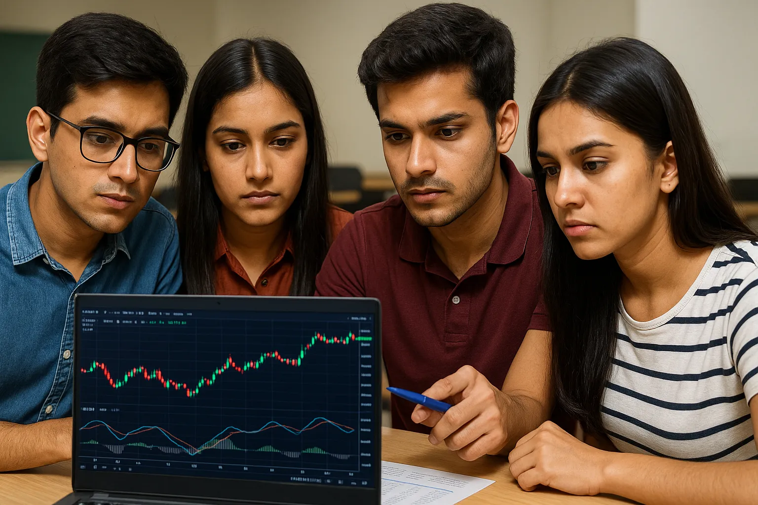 Young investors analyzing stock charts during a financial course in Delhi.