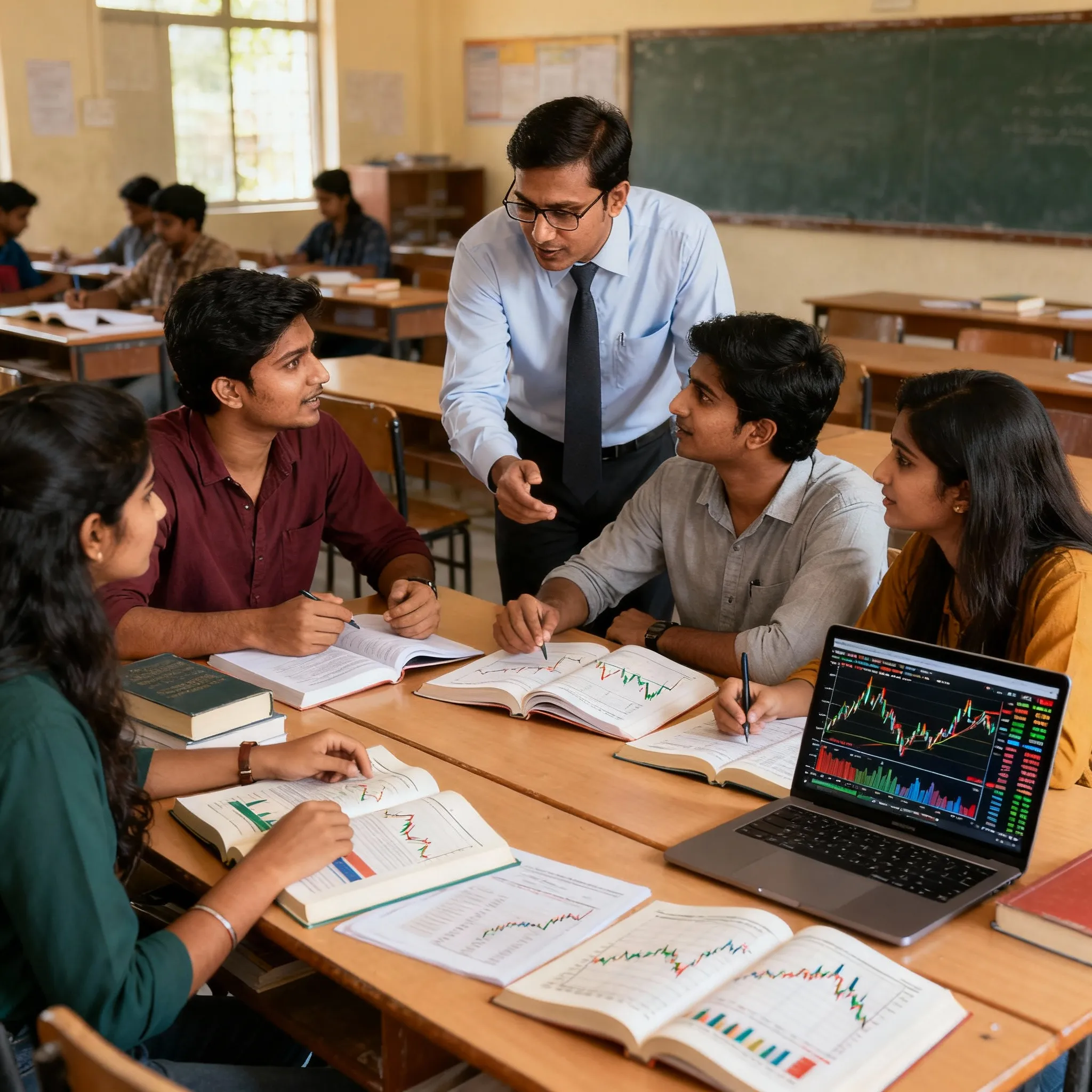 Delhi students comparing long term investing and trading in a stock market classroom