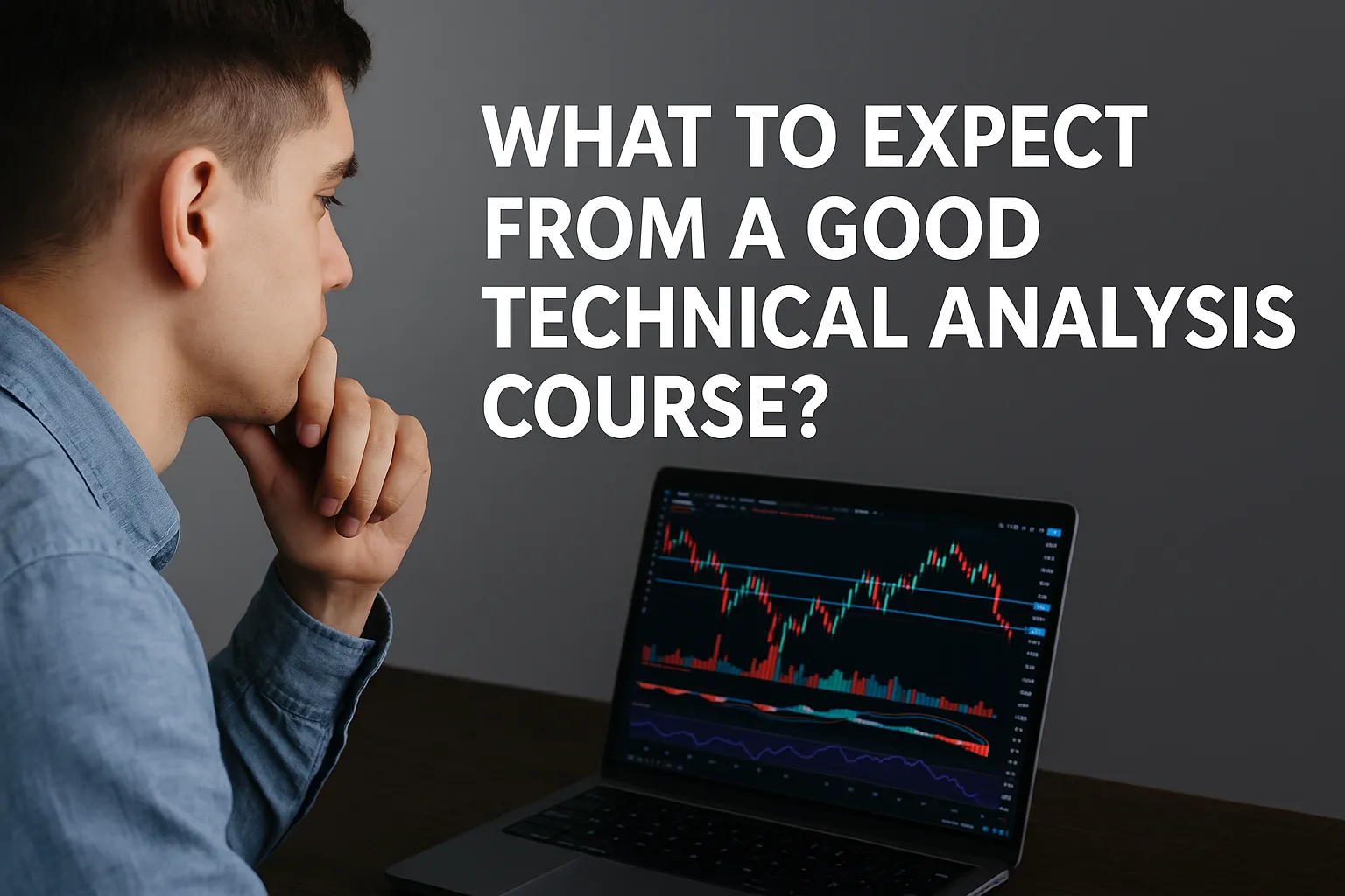 Student learning technical analysis using candlestick charts and indicators.