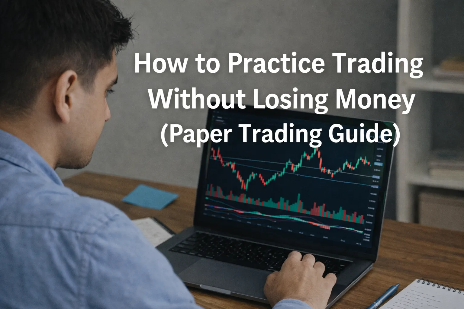 Beginner trader practicing paper trading on a laptop with virtual stock charts.