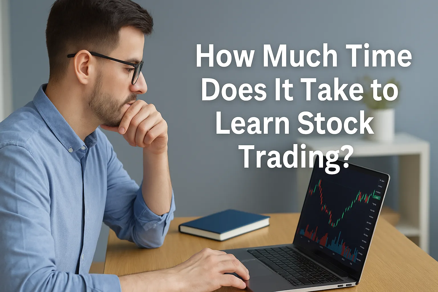 Beginner trader learning stock trading on a laptop with market charts displayed.